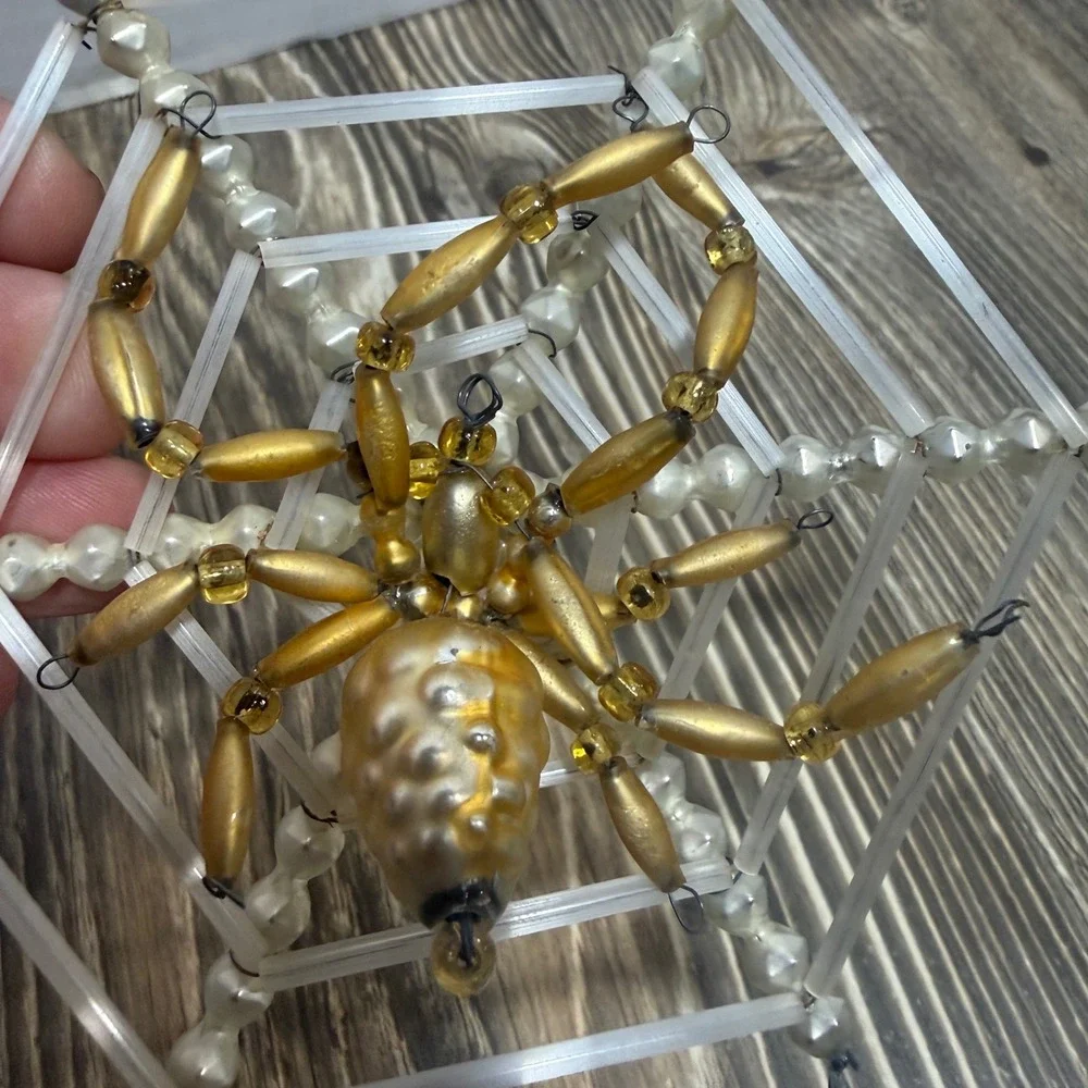 1920s Czech Beaded Christmas Ornament Spider in Web, Vintage